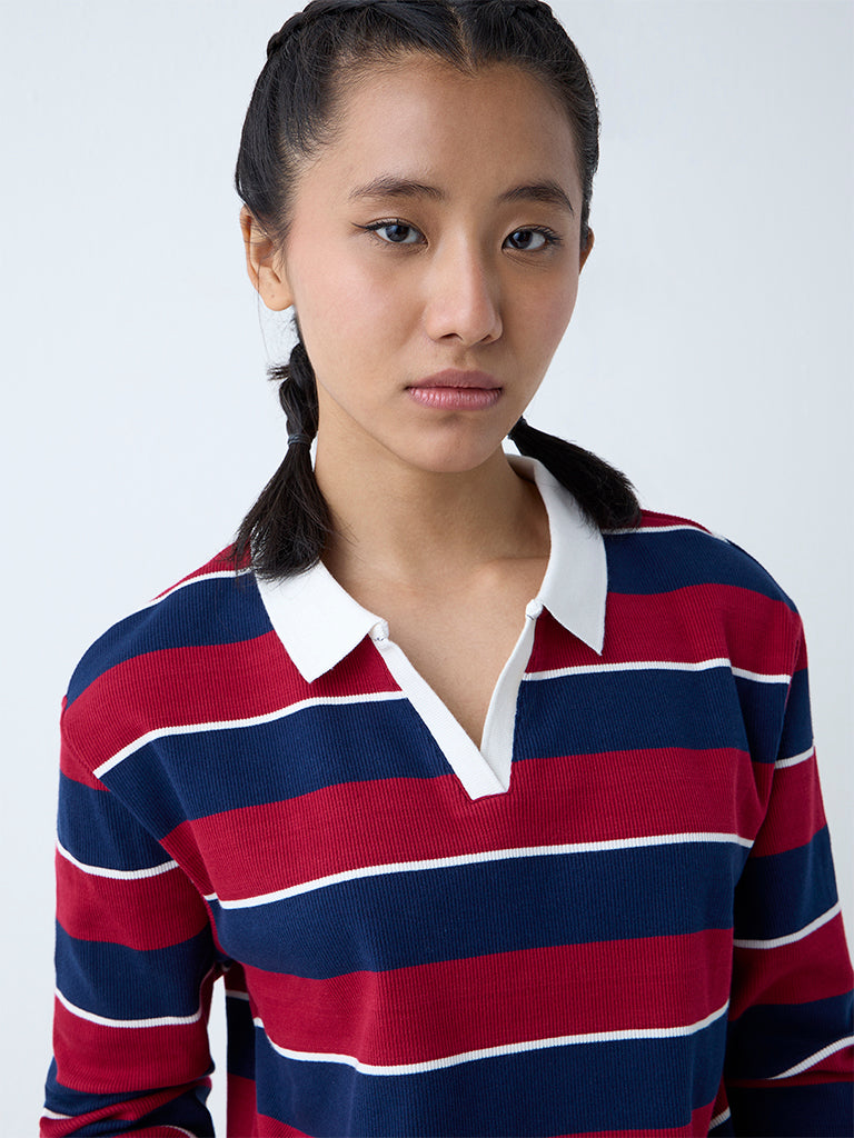 Studiofit Maroon Stripe Cotton-Blend T-Shirt