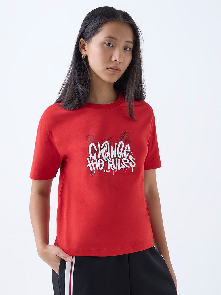 Westside Studiofit Women's Red Typographic Cotton T-Shirt for Casual Wear Full View