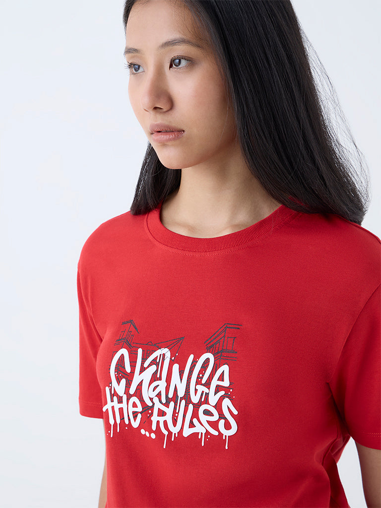 Westside Studiofit Women's Red Typographic Cotton T-Shirt for Casual Wear Zoomed View