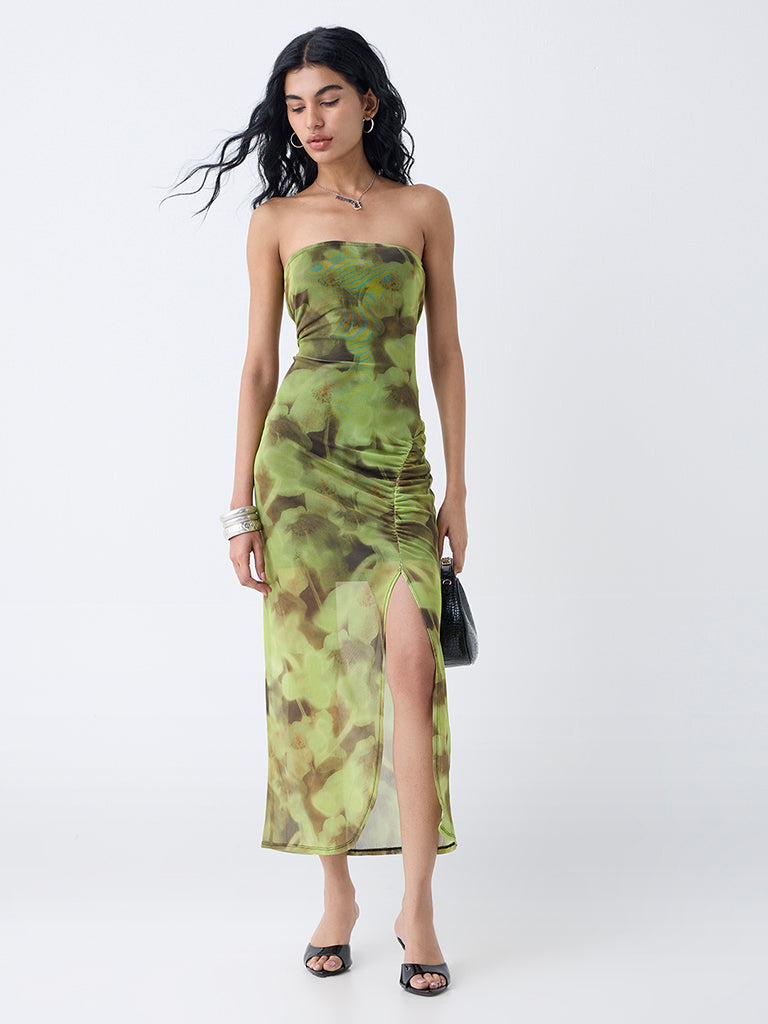 Nuon Lime Floral Design Mesh Tube Dress
