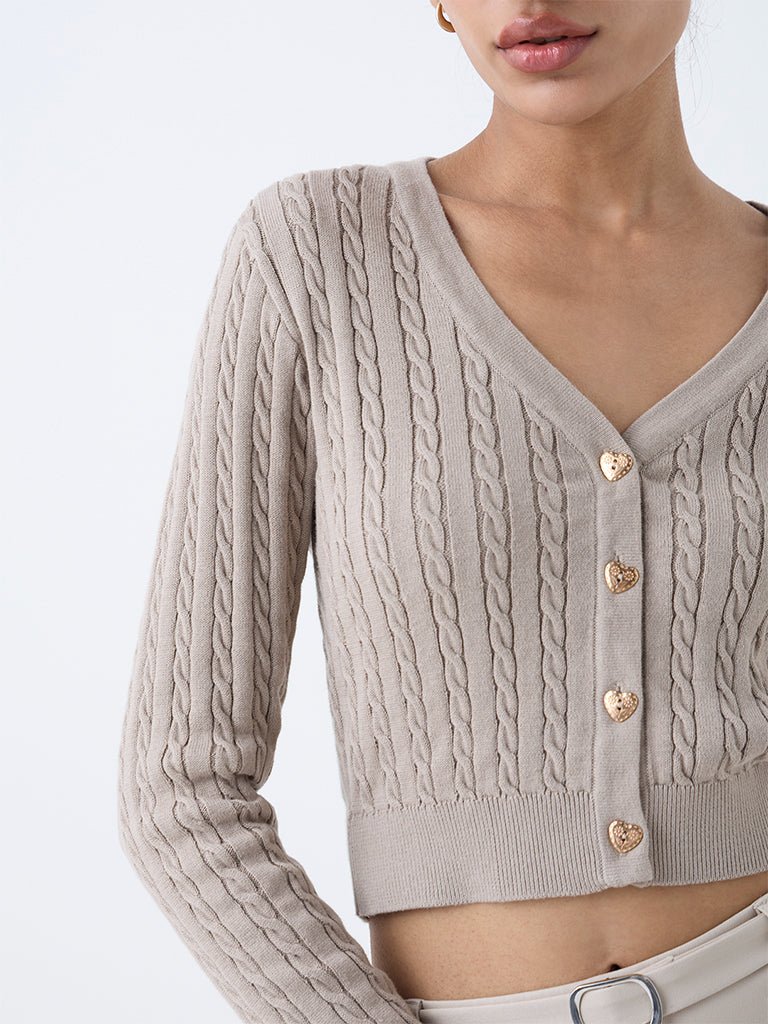 Nuon Beige Cable-Knit Cotton Cardigan