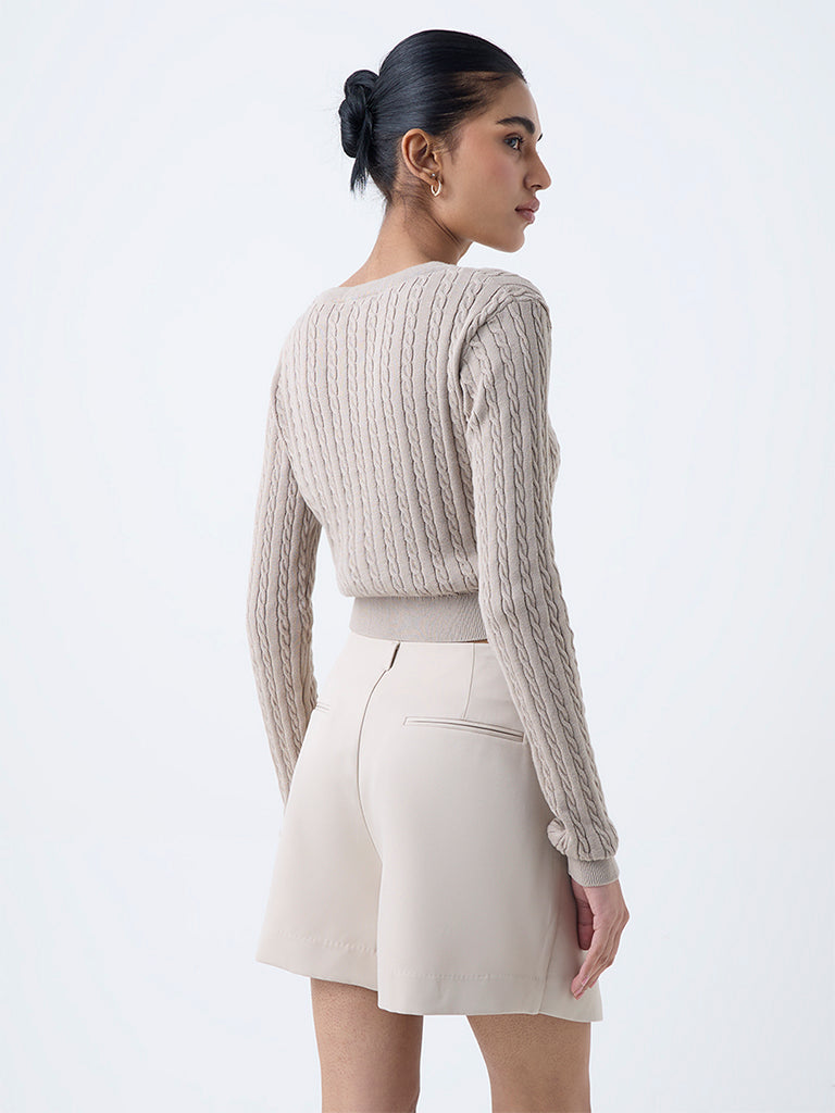 Nuon Beige Cable-Knit Cotton Cardigan