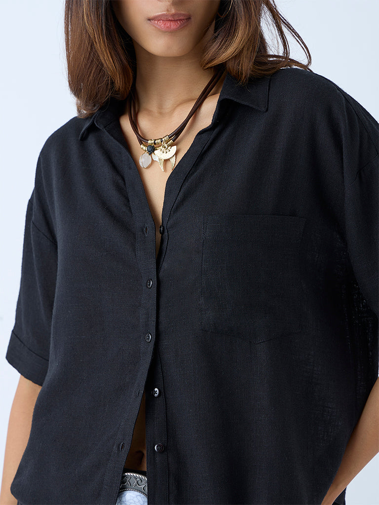 Westside LOV Women's Black Solid Linen Shirt for Casual Wear Zoomed View