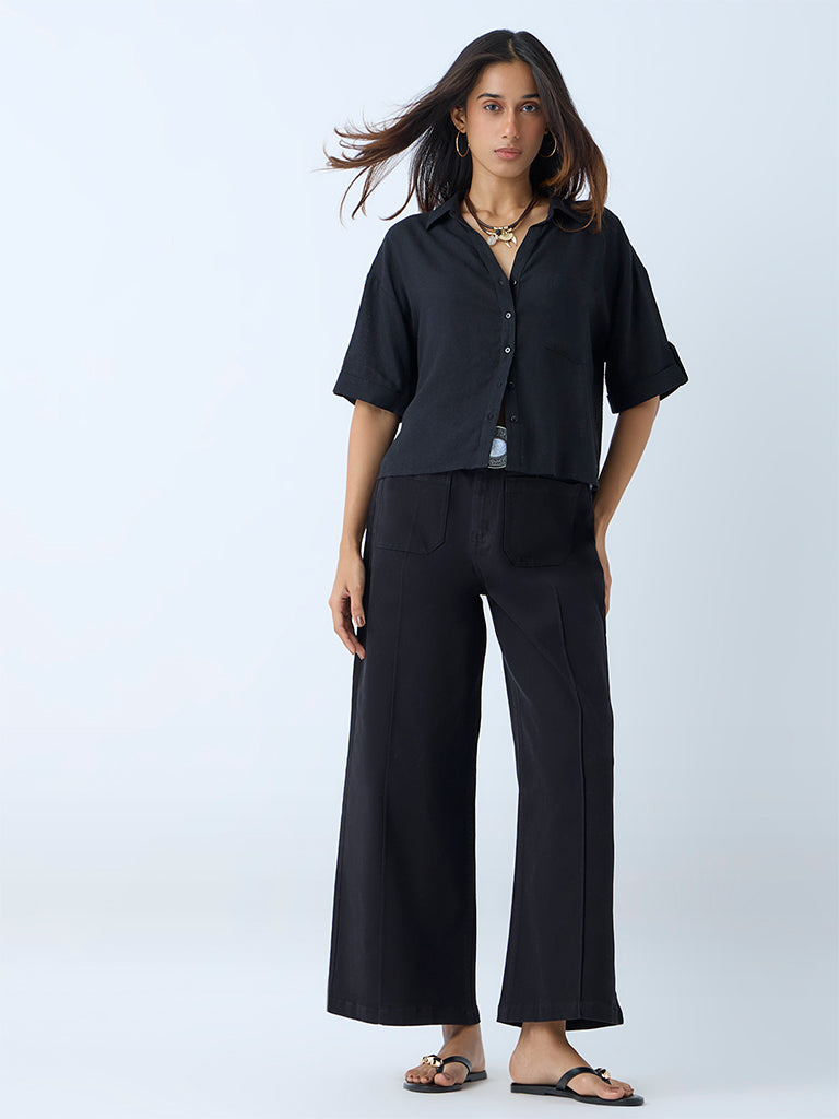 LOV Black Solid Linen Shirt