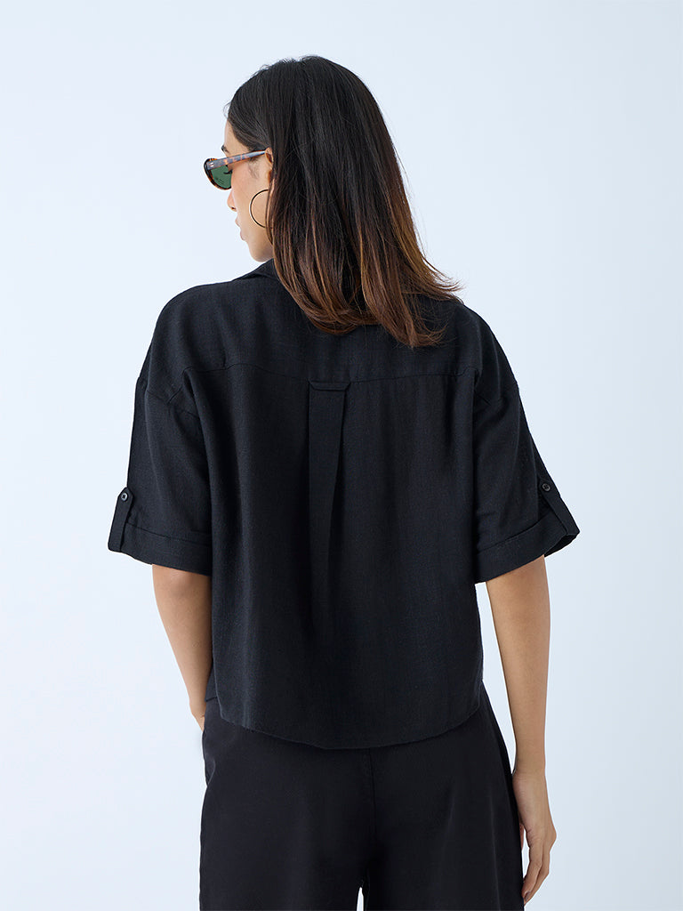 Westside LOV Women's Black Solid Linen Shirt for Casual Wear Back View