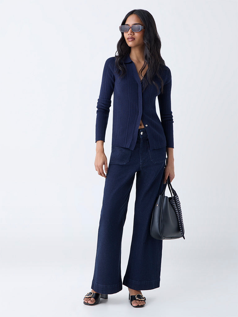 LOV Navy Ribbed-Textured Cardigan