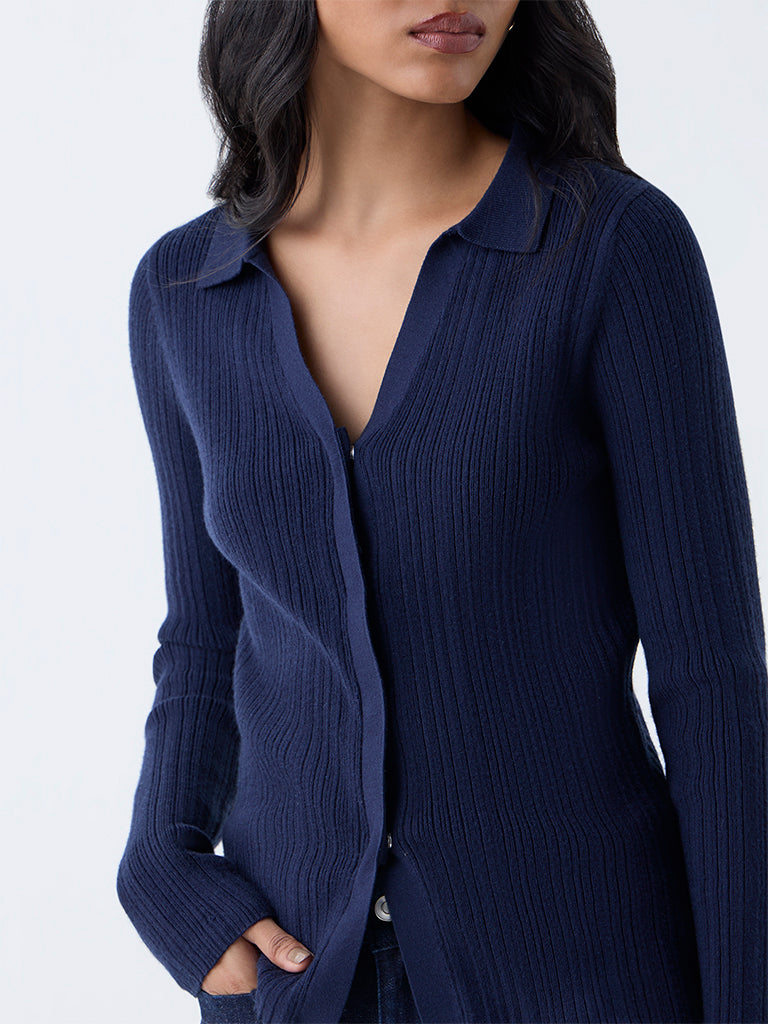 LOV Navy Ribbed-Textured Cardigan