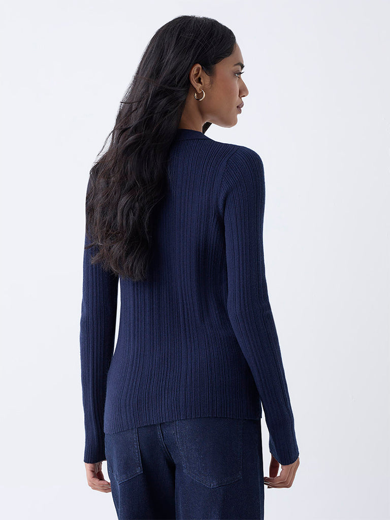 LOV Navy Ribbed-Textured Cardigan