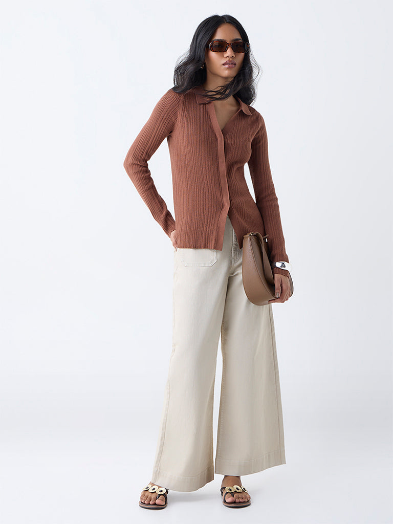 LOV Brown Ribbed-Textured Cardigan