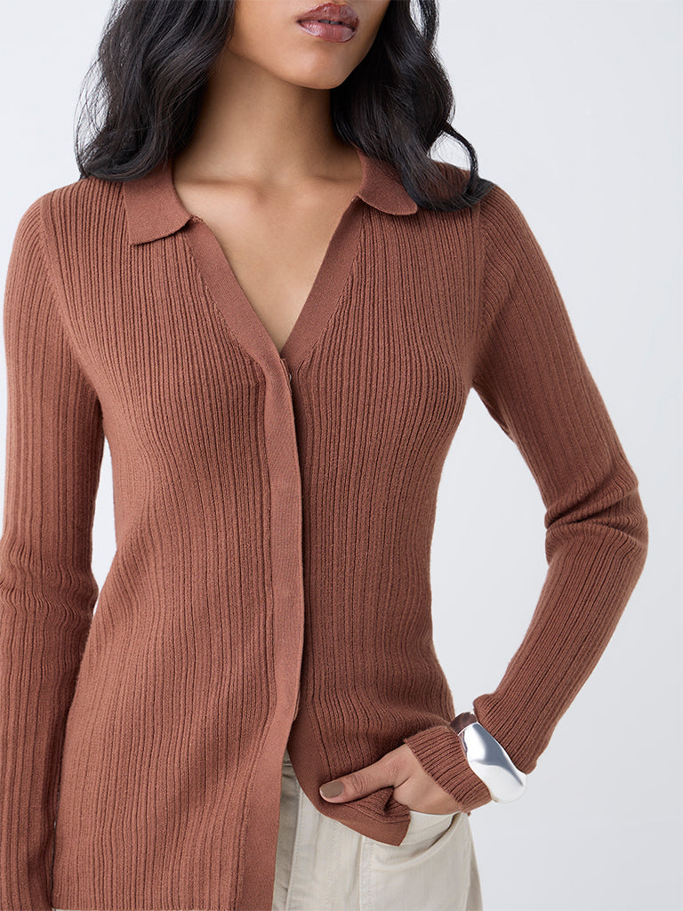LOV Brown Ribbed-Textured Cardigan