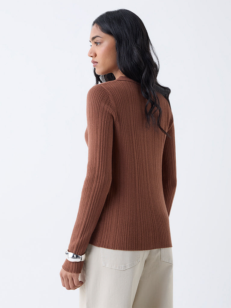 LOV Brown Ribbed-Textured Cardigan