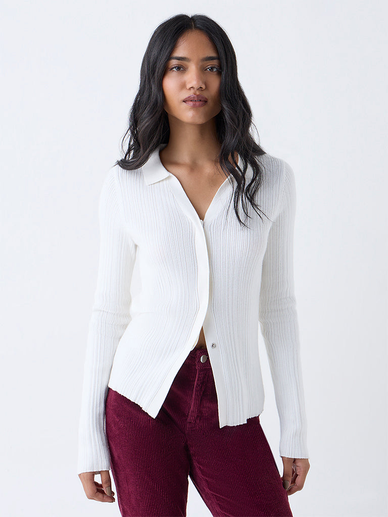 LOV White Ribbed-Textured Cardigan