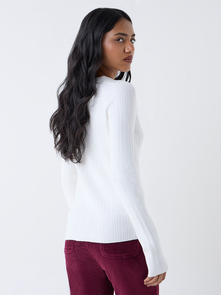LOV White Ribbed-Textured Cardigan