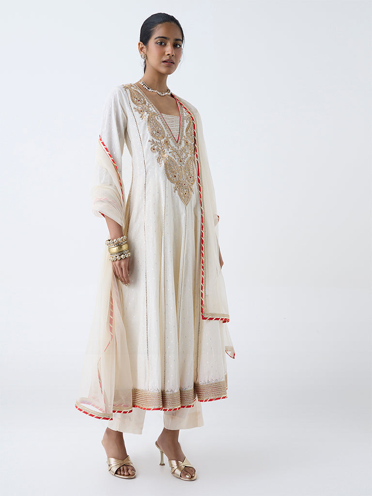 Westside Vark Women's Off-White Cotton-Blend Anarkali Ethnic Set for Festival Wear Full View