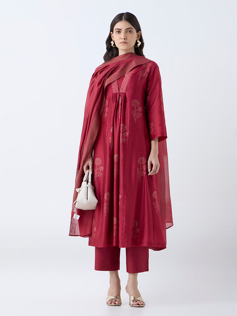 Westside Zuba Women's Red Striped Cotton-Blend Dupatta for Work Wear Full View