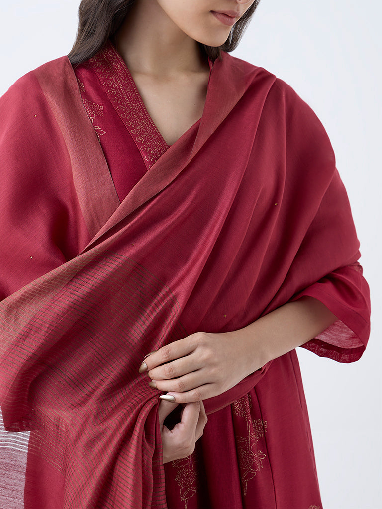 Westside Zuba Women's Red Striped Cotton-Blend Dupatta for Work Wear Front view