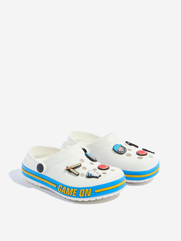 Westside Yellow Kids White Cricket-Themed Clogs for Casual Wear Front View