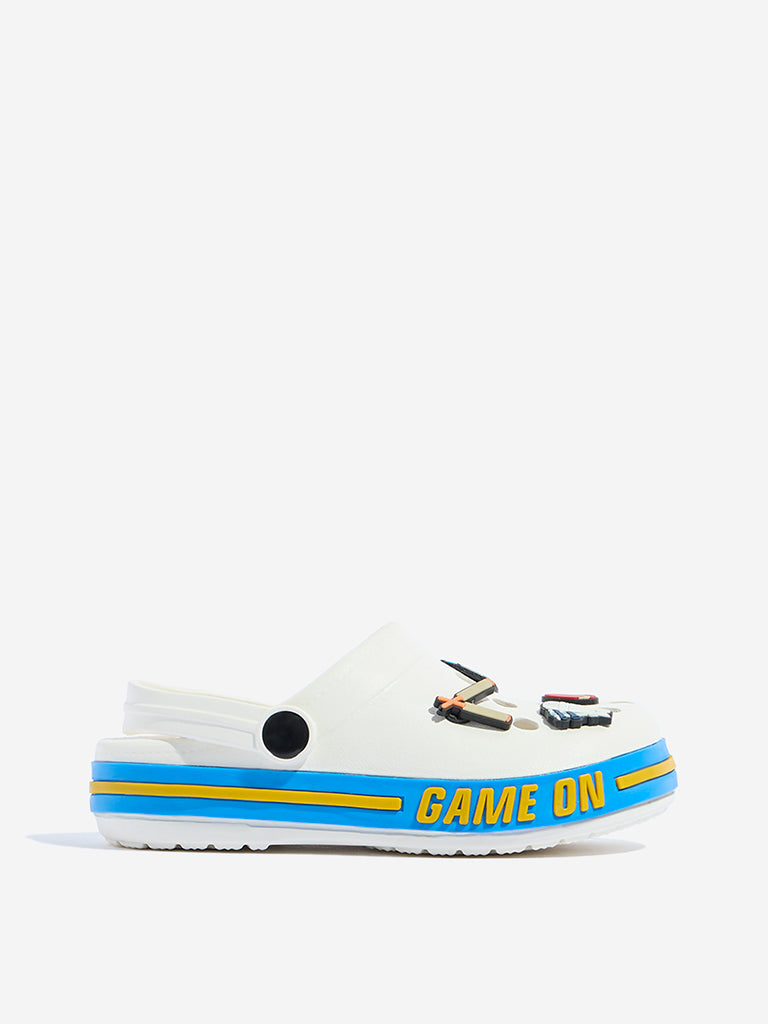 Westside Yellow Kids White Cricket-Themed Clogs for Casual Wear Side View