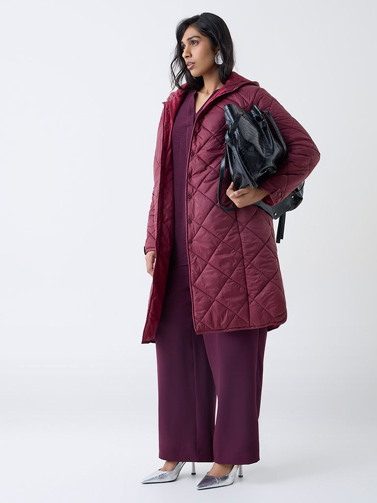 Gia Maroon Solid Quilted Coat