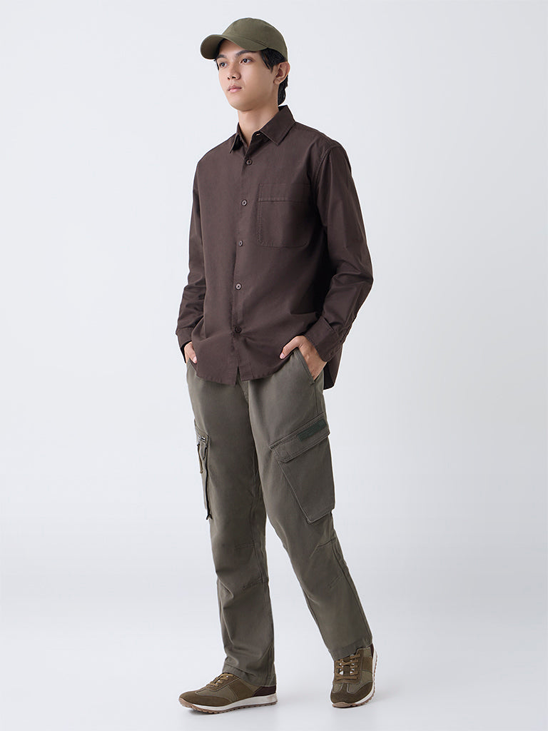 Nuon Olive Relaxed-Fit Mid-Rise Cotton Trousers