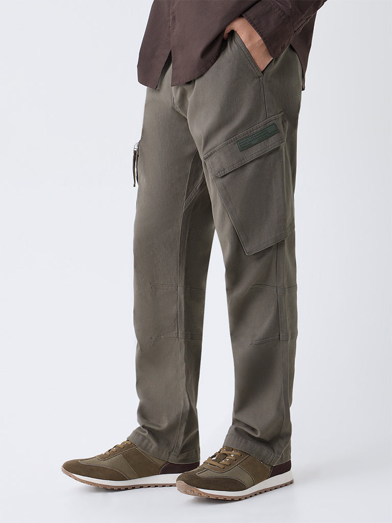 Nuon Olive Relaxed-Fit Mid-Rise Cotton Trousers