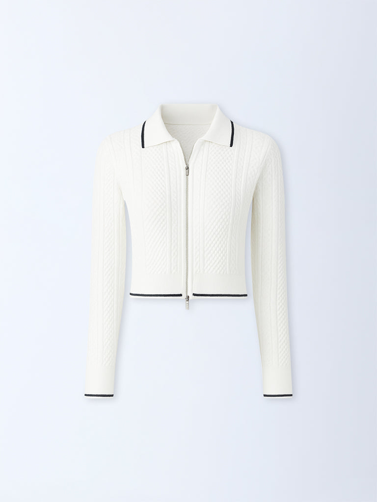 Westside Studiofit Women's Off-White Woven-Textured Cardigan for Sports Wear Flatlay