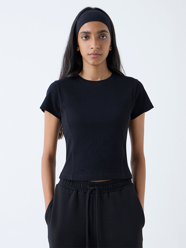 Westside Studiofit Women's Black Ribbed-Textured Cotton-Blend T-Shirt for Sports Wear Full View