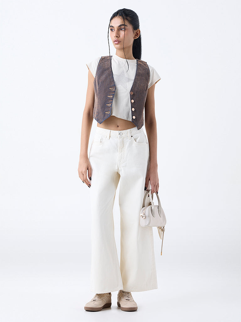 Nuon White Solid High-Rise Flared Jeans