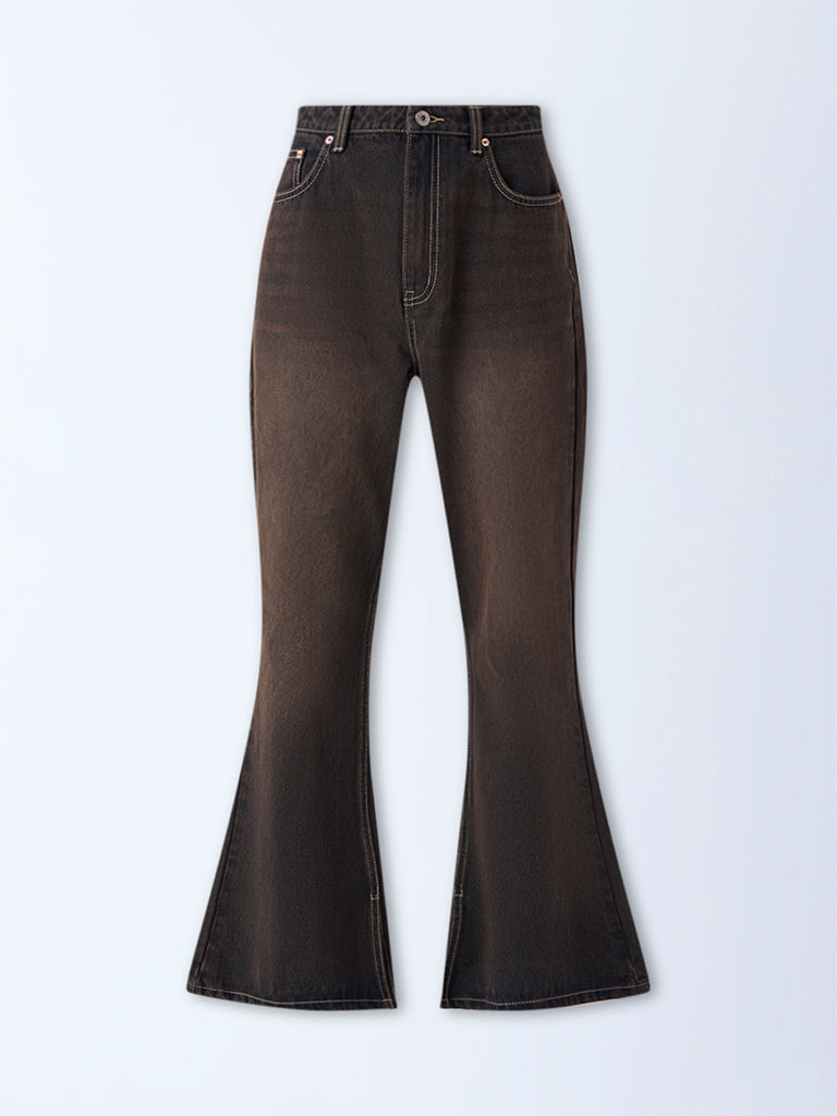 Nuon Brown Washed High-Rise Bootcut Jeans