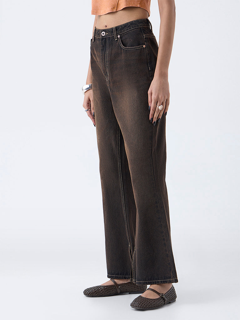 Nuon Brown Washed High-Rise Bootcut Jeans