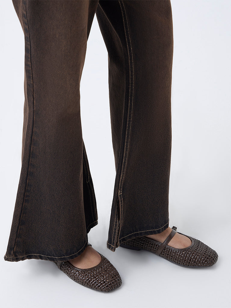 Nuon Brown Washed High-Rise Bootcut Jeans