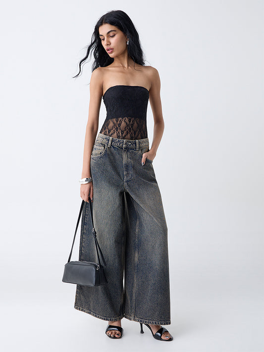 Nuon Dark-Blue-Wash High-Waist Wide Leg Fit Jeans