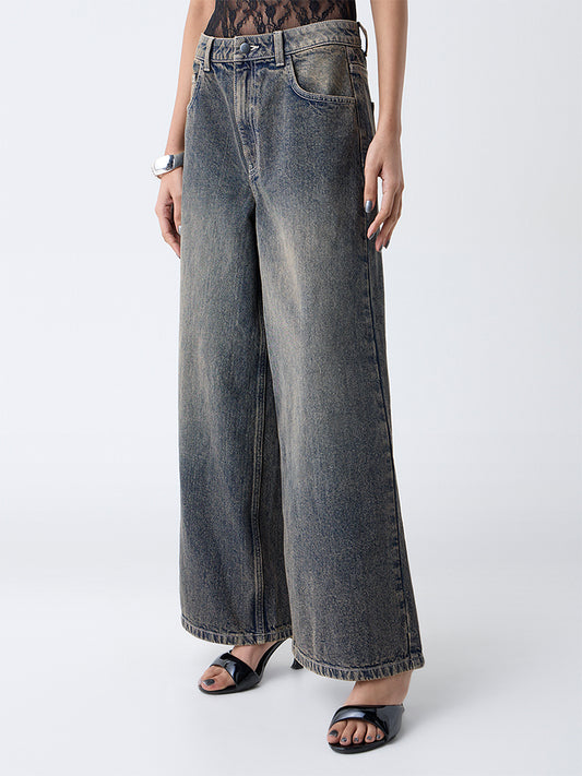 Nuon Dark-Blue-Wash High-Waist Wide Leg Fit Jeans
