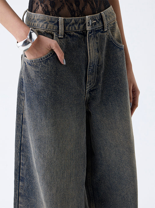 Nuon Dark-Blue-Wash High-Waist Wide Leg Fit Jeans