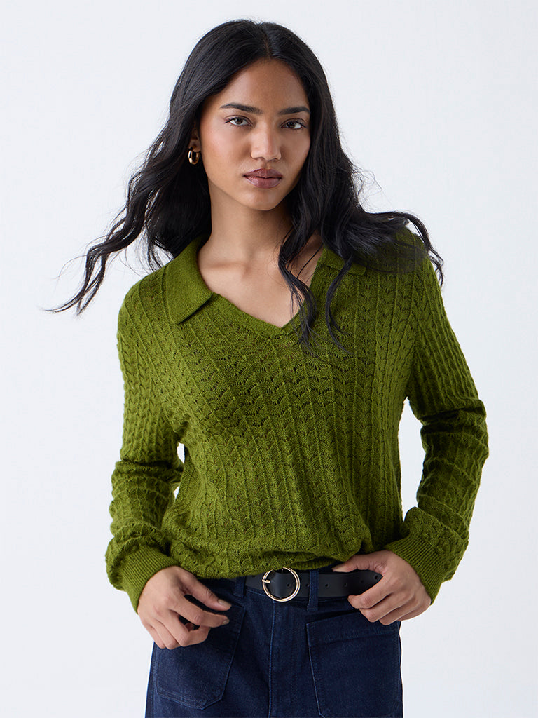 Westside LOV Women's Green Knit-Textured Sweater for Winter Wear Front view