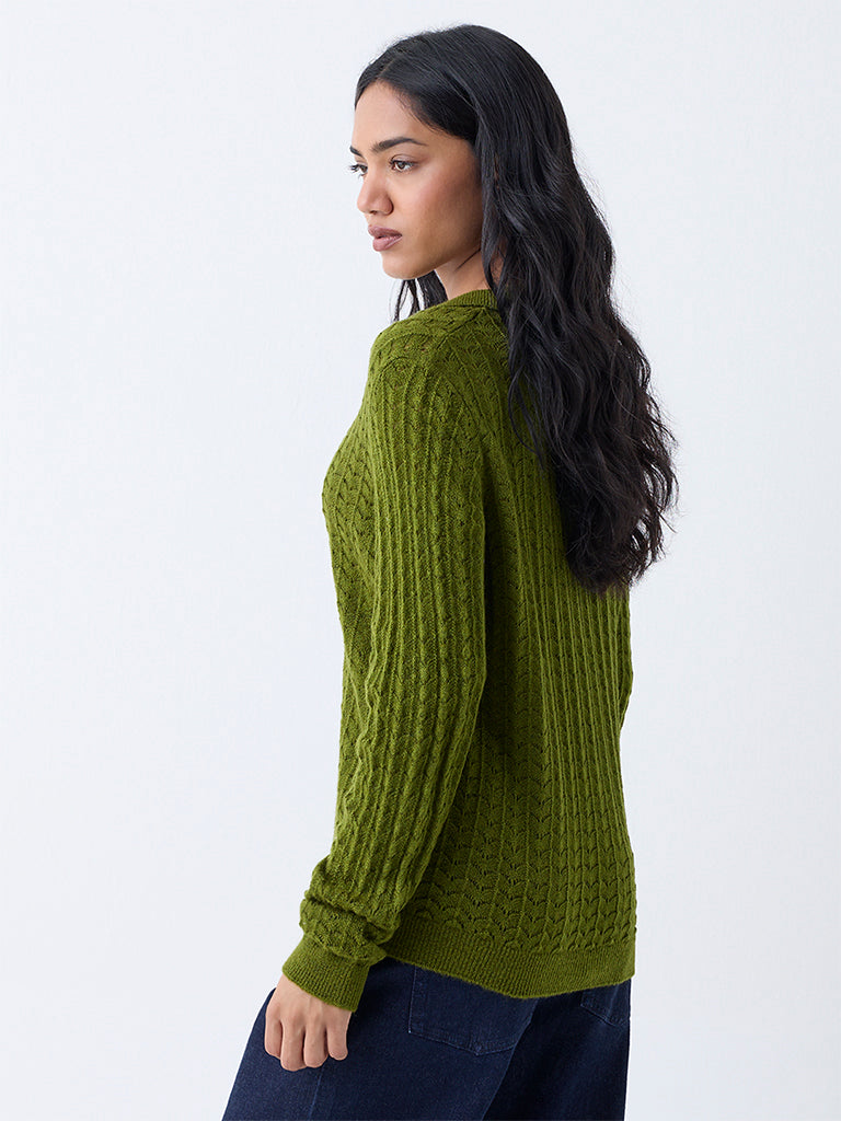 Westside LOV Women's Green Knit-Textured Sweater for Winter Wear Back View