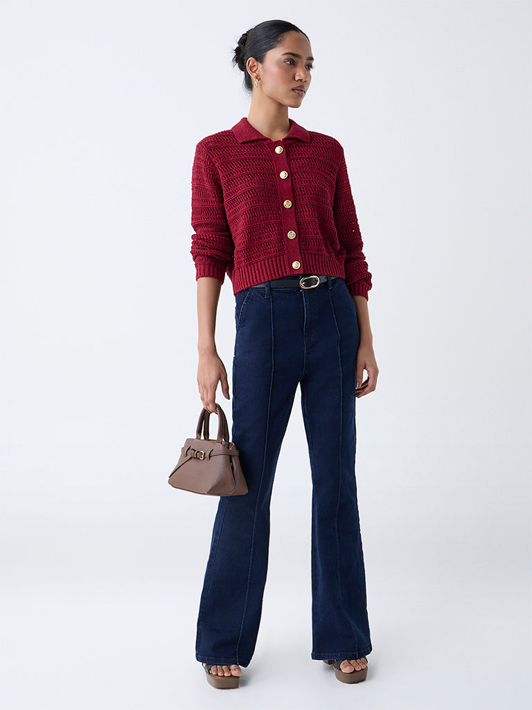 Buy LOV Burgundy Knit-Textured Cotton-Blend Cardigan from Westside