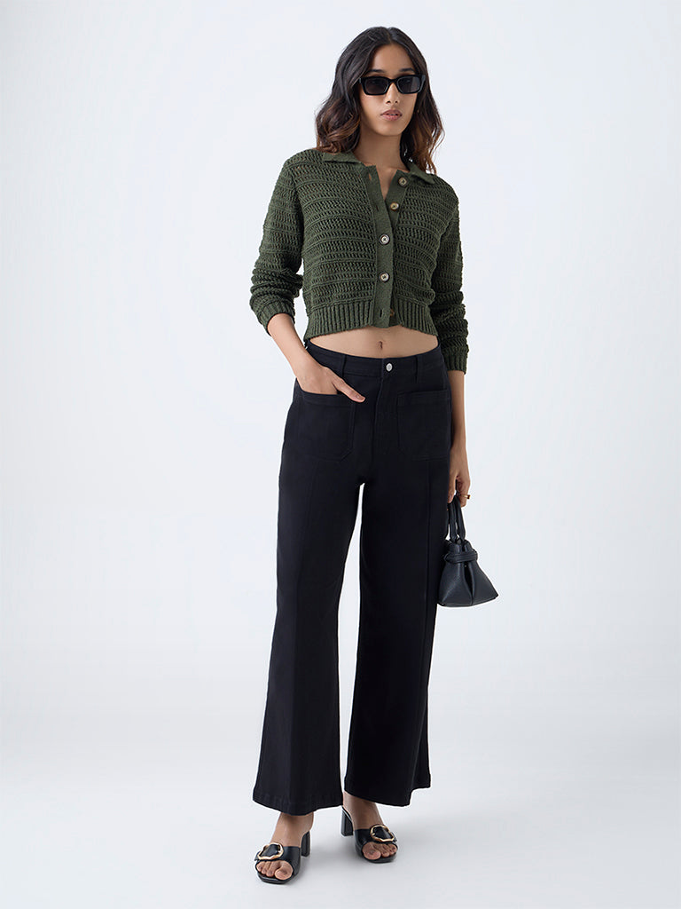 LOV Olive Knit-Textured Cotton-Blend Cardigan