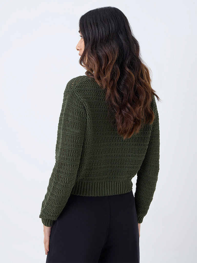 LOV Olive Knit-Textured Cotton-Blend Cardigan