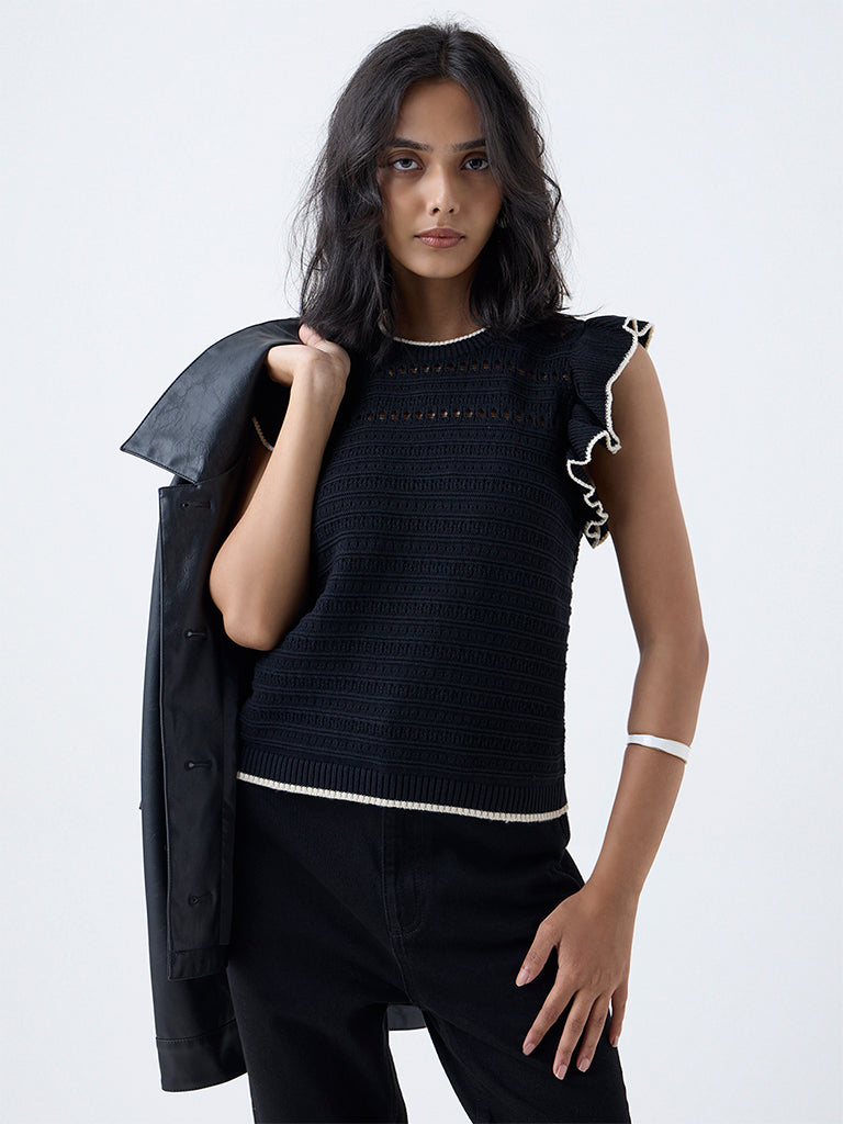LOV Black Knitted Cotton Top
