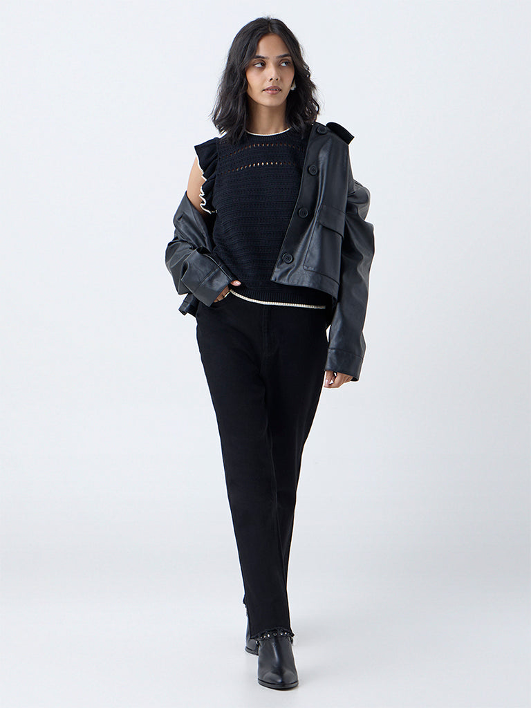 LOV Black Knitted Cotton Top