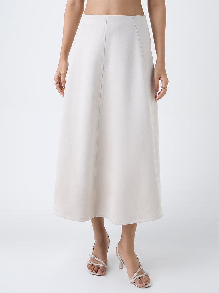LOV Off-White Solid High-Rise Suede Skirt