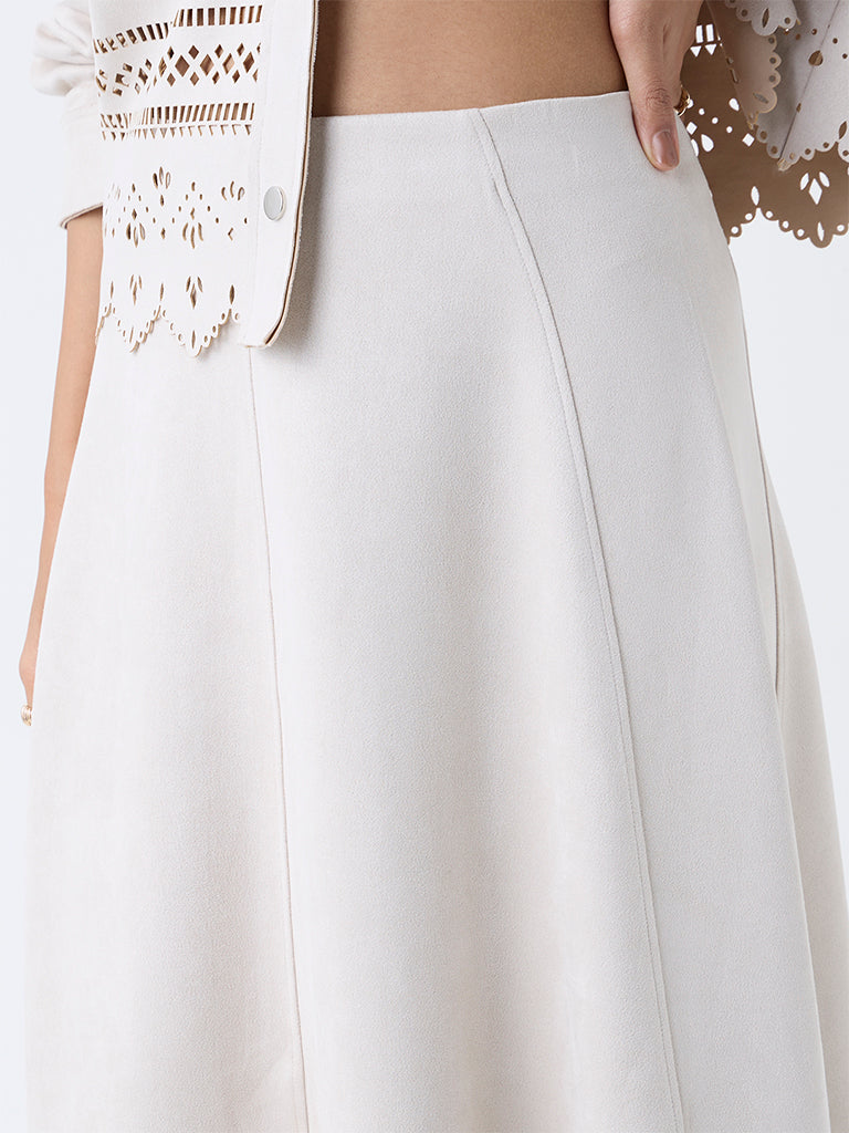 LOV Off-White Solid High-Rise Suede Skirt