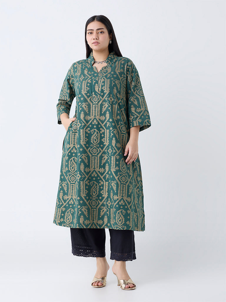 Westside Diza Women's Green Jamdani-Printed Cotton-Blend A-Line Kurta for Work Wear Front view