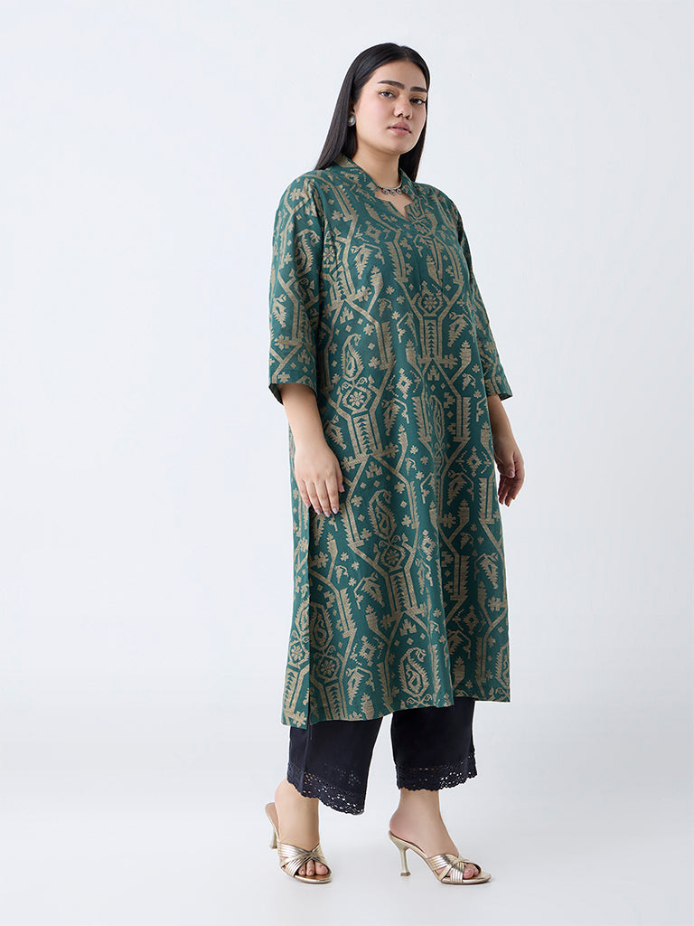 Westside Diza Women's Green Jamdani-Printed Cotton-Blend A-Line Kurta for Work Wear Full View
