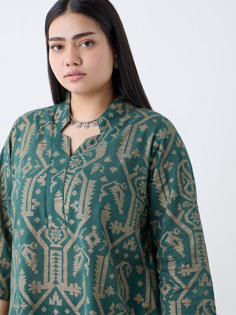 Westside Diza Women's Green Jamdani-Printed Cotton-Blend A-Line Kurta for Work Wear Zoomed View