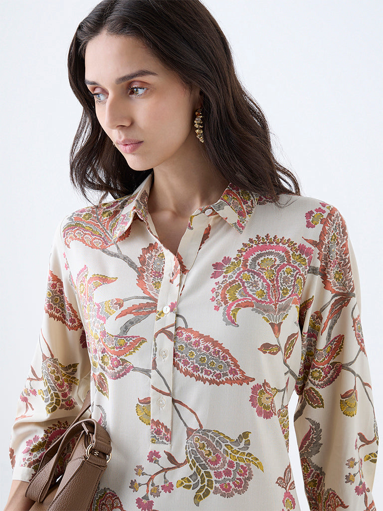 Westside Utsa Women's Beige Botanical Design A-Line Kurta for Work Wear Zoomed View