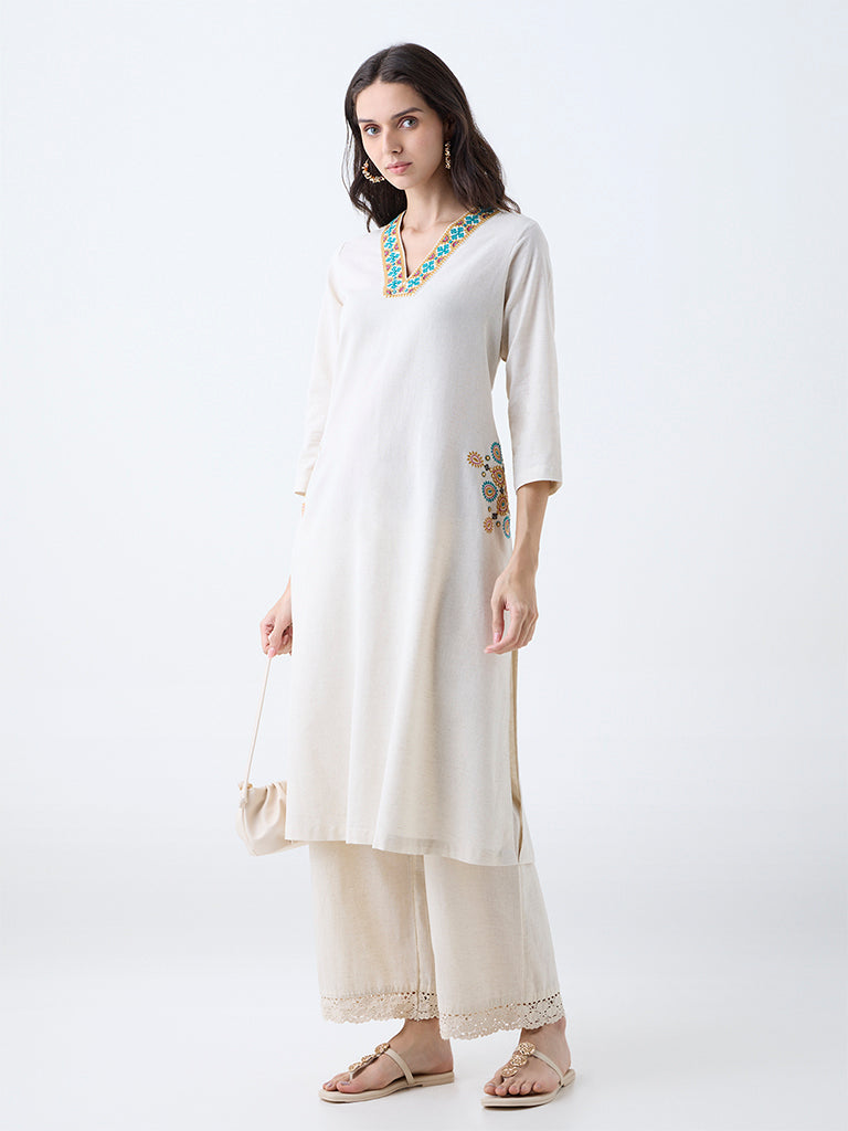 Utsa Beige Embroidered Cotton-Blend A-Line Kurta