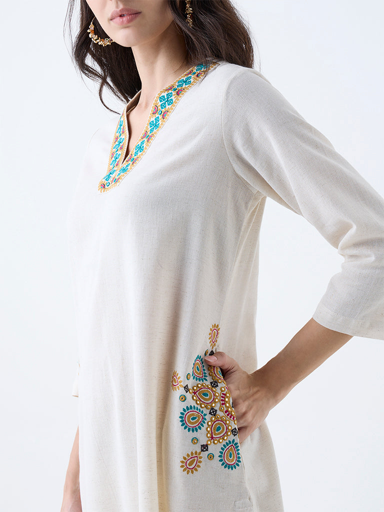 Utsa Beige Embroidered Cotton-Blend A-Line Kurta