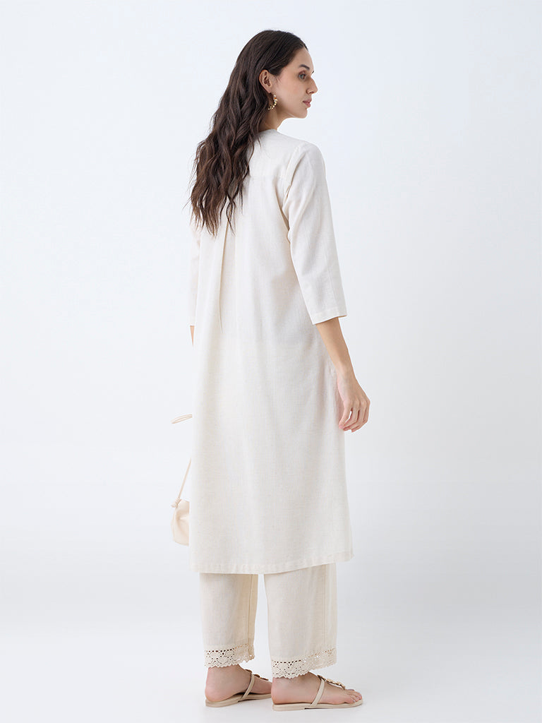 Utsa Beige Embroidered Cotton-Blend A-Line Kurta